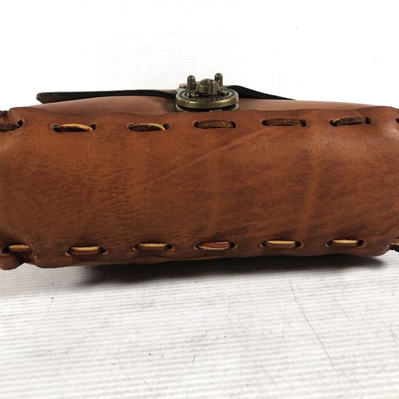 Vintage~Brown Leather Shoulder Bag~ Stitching~Flap~Turnlock - Picture 6 of 8